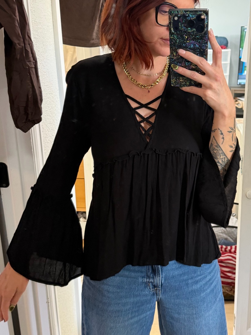 Flowy Black Lace-Up V-Neck Women’s Top